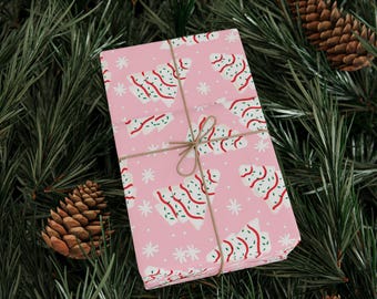 Rosa julklappspapper | Pastellfärgade presentpapper | Mönster för julgranstårta till Little Debbie | Söt retrorosa presentpapper till jul