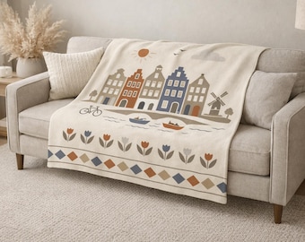 Dutch Canal Houses Blanket | Neutral Amsterdam Decor Throw | Cozy European Home | Netherlands Inspired Gift
