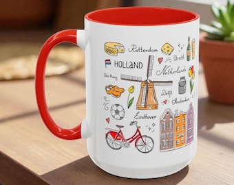 Dutch Icons Coffee Mug – Amsterdam Bicycle Mug, Windmill & Tulips Cup, Netherlands Gift, Holland Travel Mug, Cute Dutch House Mug