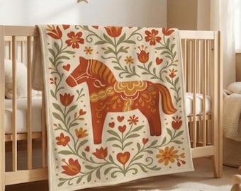 Nordic Dala Horse Blanket | Scandinavian Folk Art Multi Size | Swedish Decor | Boho Cottage Blanket | Cozy Folk Pattern | Gift-ready