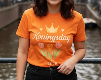 Maglietta Koningsdag 2026 – Maglietta arancione per il giorno del re olandese, maglietta con corona di tulipani, maglietta per feste olandesi