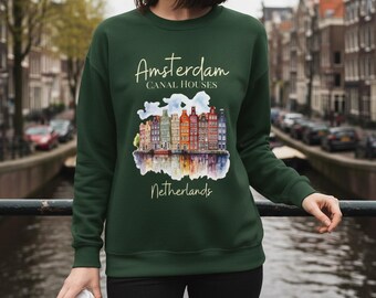 Amsterdam Canal Houses Sweatshirt • Dutch Architecture Crewneck • Cozy Netherlands Cityscape Pullover • Holland Travel Gift
