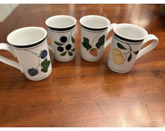 Vintage Dansk Berries Tall Coffee Mugs - Set of 4 Assorted Fruit Patterns