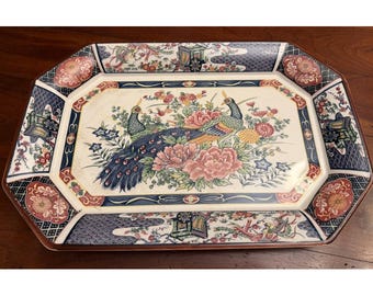 Vintage Japanese Imari Porcelain 16" Peacock Serving Platter