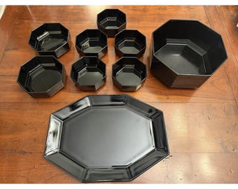 Vtg Arcoroc France Octime Black Glass Set Platter Large Salad Bowl Medium Small
