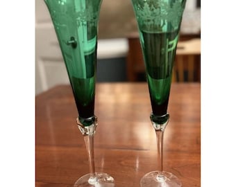 Pair of Vintage Lenox Holiday Gems Emerald Green Champagne Flutes - Set of 2
