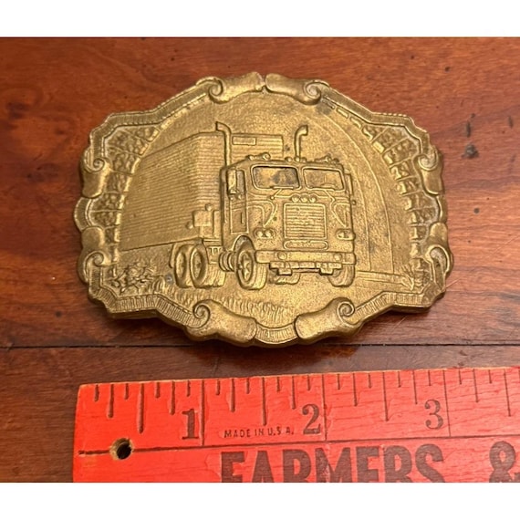 Vintage 1978 Solid Brass Semi-Truck Belt Buckle - 18 Wheeler Trucker Big Rig View 2