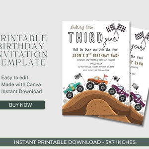 May include: Printable birthday invitation template with a monster truck theme. The invitation reads "Shifting Into Third Gear!" and includes details for a birthday bash. The design features monster trucks and checkered flags.