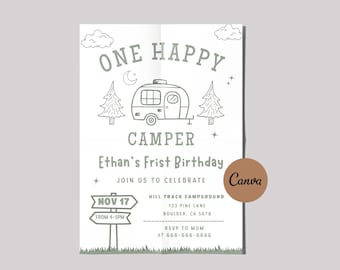 ワン・ハッピー・キャンパーの1歳の誕生日招待状、1歳の誕生日ゲーム、男の子のキャンプテーマ、パーティー用印刷テンプレート