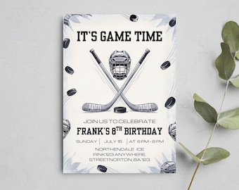 Plantilla editable de invitación de cumpleaños de hockey sobre hielo, invitación para fiesta deportiva infantil, celebración en pista de patinaje, descarga imprimible de Canva
