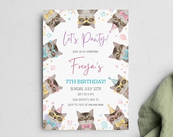 猫の誕生日招待状テンプレート、編集可能なPaw-ty招待状、女の子と男の子向けの印刷可能な子猫のお祝い