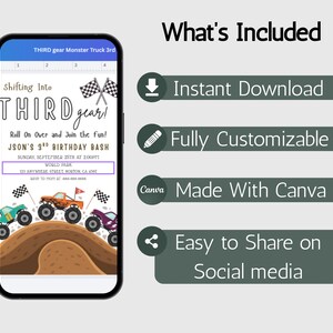 May include: A smartphone displays a birthday party invitation with monster trucks. The invitation reads "Shifting Into Third Gear!" and includes details for a 9th birthday bash. Additional text highlights instant download, customization, Canva use, and social media sharing.