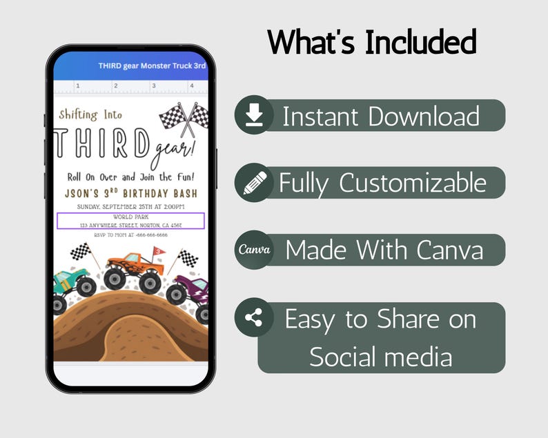 May include: A smartphone displays a birthday party invitation with monster trucks. The invitation reads "Shifting Into Third Gear!" and includes details for a 9th birthday bash. Additional text highlights instant download, customization, Canva use, and social media sharing.