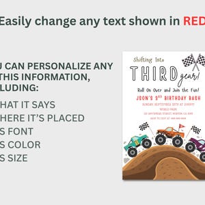 May include: A customizable birthday party invitation with the text "Shifting Into THIRD gear!" and "JSON'S 3rd BIRTHDAY BASH". The design features three monster trucks in teal, orange, and purple, racing over a dirt mound.