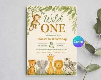 Plantilla de invitación de primer cumpleaños con temática de safari, invitación editable para fiesta de primer cumpleaños con animales de la selva, imprimible en Canva con acuarelas.