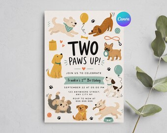 Sjabloon bewerkbare hond 2e verjaardagsuitnodiging, puppy feestuitnodiging voor kinderen, afdrukbare Canva Evite, verjaardagsuitnodiging hond thema