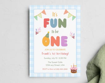 1 歳の誕生日を楽しくお祝いする招待状テンプレート、カラフルな 1 歳の誕生日の招待状。