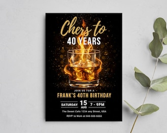 Sjabloon 40e verjaardag uitnodiging, whisky thema feestuitnodiging, zwart goud volwassen viering, afdrukbare Canva download