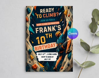 ロッククライミング誕生日招待状、子供向けウォールボルダリングパーティー、子供向けアドベンチャー編集可能テンプレート