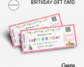 Editable Happy Birthday Voucher Template, Printable Gift Coupon Card, Pastel Present Certificate.