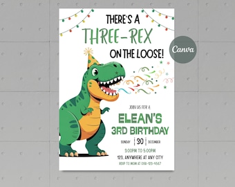 編集可能な恐竜の 3 歳の誕生日招待状、Three-Rex の誕生日招待状。