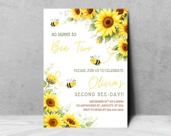 Sunflower Bee Two Birthday Invitation, Bumblebee Party Printable, Honey Floral Celebration Invite