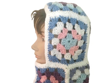 Granny Square Hand Crocheted Hoodie in Soft Colors Granny Square Crochet Balaclava Handmade