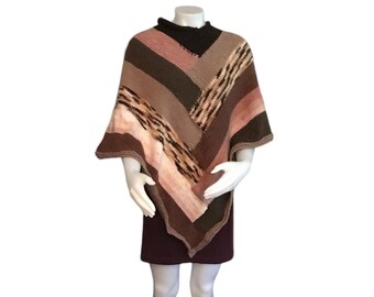 Staggered Poncho In Brown Tones Handmade Handknit