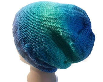 Hand Knitted Hat Multi Green and Blue Tones Knitted Hat Winter Fashion Hand Made