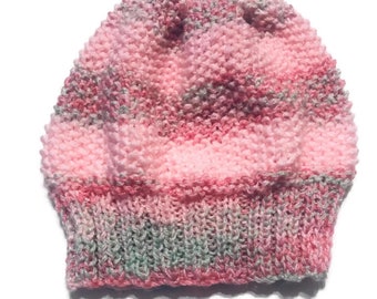 Hand Knitted Textured Hat Pink Tones and  Seafoam Knitted Hat Winter Fashion Hand Made