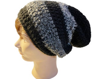 Hand Crocheted Hat in Black and Two Tones of Gray Winter Fashion Hand Made