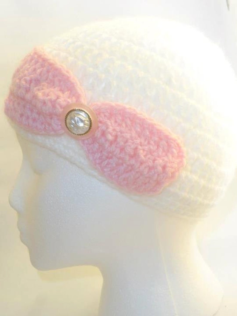 Crochet Hat White And Pink With Big Bow Handmade Hand Crocheted Hat Ready to ship
