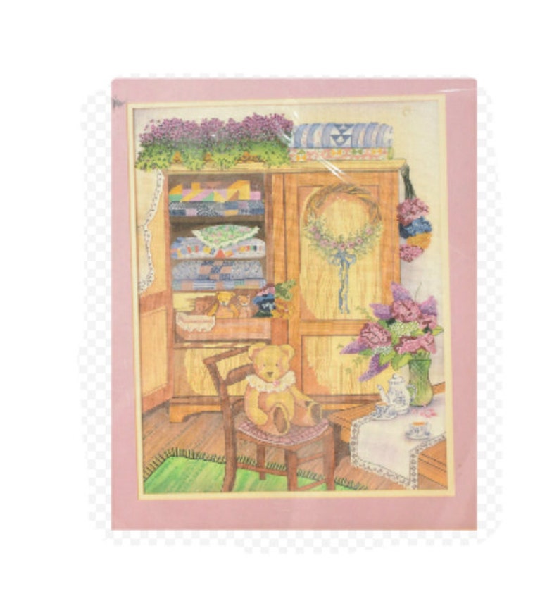 Vintage Counted Cross Stitch Kit Teddy and Quilt Cabinet Kit Candamar Design Something Special