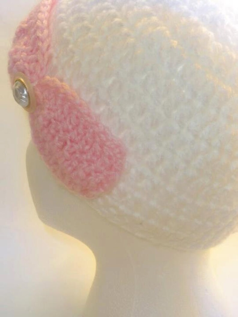 Crochet Hat White And Pink With Big Bow Handmade Hand Crocheted Hat Ready to ship
