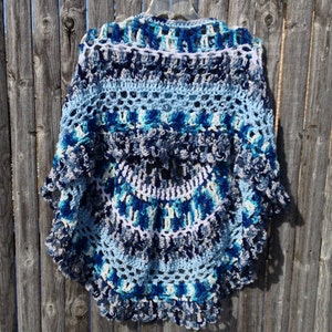 Crochet Poncho Crocheted Poncho Ocean Weaves Handmade Unbalanced Design In Tones of Blue