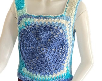 Crochet Granny Square Top Vest  Handmade in Tones of Blue Crochet Crop Top Handmade Festival Blouse Festival Top