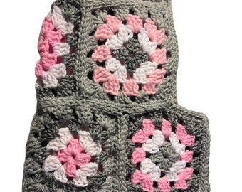 Granny Square Hand Crocheted Hoodie in Grays Pink and white Granny Square Crochet Balaclava Handmade