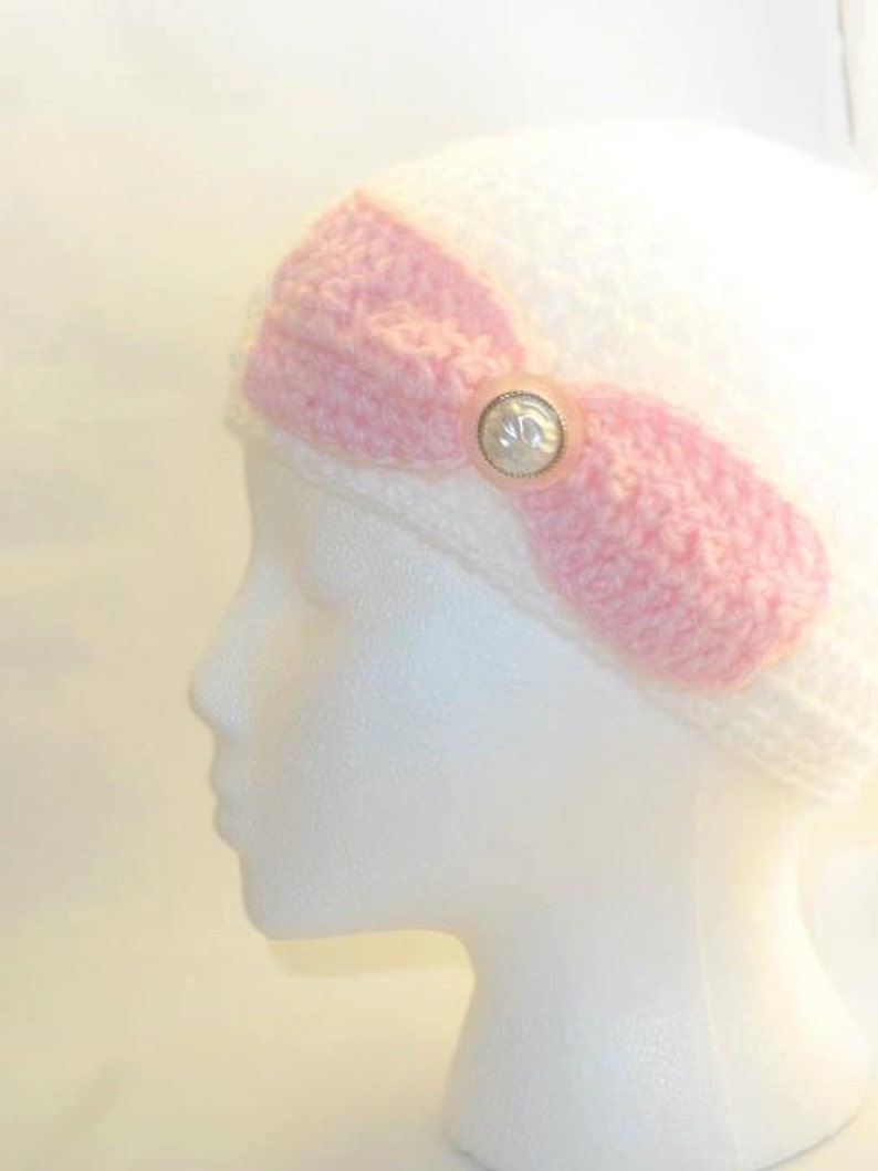 Crochet Hat White And Pink With Big Bow Handmade Hand Crocheted Hat Ready to ship