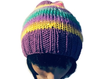 Hand Knitted Hat In Vivid Multiple Colors  Knitted Hat Winter Fashion Hand Made