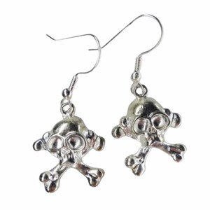 thumbnail image 2 of Bluebubble Funky Silver Pirate Flag Earrings - Skull & Cross Bones Dangle, Kitsch Retro Style 2 of 6
