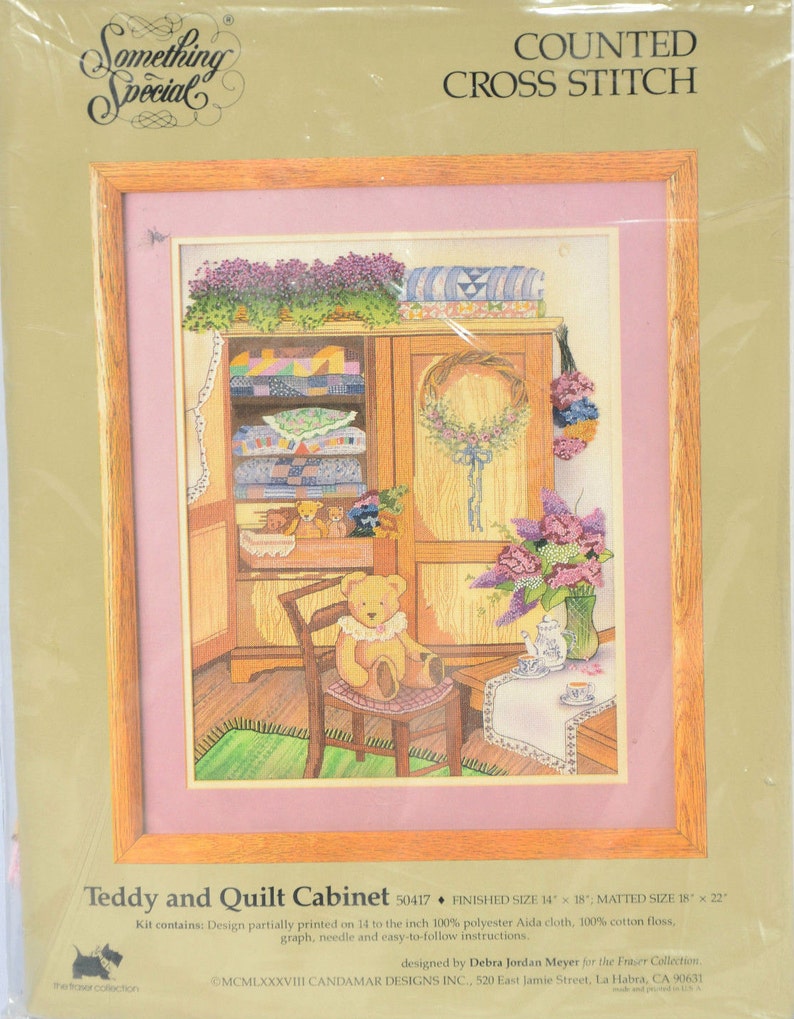 Vintage Counted Cross Stitch Kit Teddy and Quilt Cabinet Kit Candamar Design Something Special