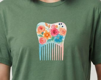 Hair Stylist T-Shirt with Floral Comb Watercolor Design