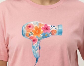 Hairstylist T-Shirt with Watercolor Floral Blow Dryer Design