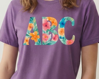 ABC Alphabet T-Shirt with Watercolor Floral Letters