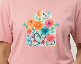 Floral House Heart T-Shirt with Watercolor Flower Design