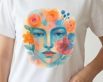 Floral Face Art T-Shirt with Watercolor Flower Design