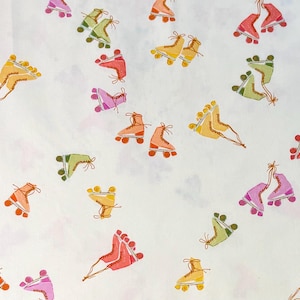 May include: Fabric with a repeating pattern of colorful roller skates in shades of orange, pink, yellow, and green on a white background. The fabric has a floral design and the text "Flower + Bloom" and "AGF studio".