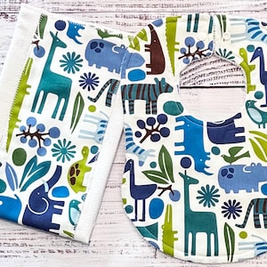 Baby Bib and Burp Cloth - Baby Boy Bibs - Elephant Bib - Zoo Animals - Baby Shower Gift - Baby&#39;s First Christmas Gift