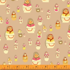 May include: A repeating pattern of colorful Matryoshka dolls on a tan background. The dolls vary in size and design, with details including floral patterns, aprons, and headscarves. The image has a vintage, folk art aesthetic.