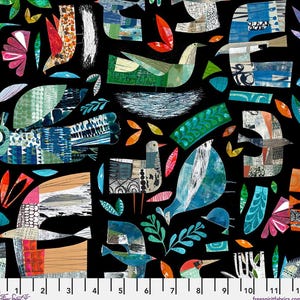 May include: A black fabric with a colorful, abstract bird pattern. The birds are depicted in various shapes and colors, including blue, green, orange, and pink. The design also features leaves and other organic shapes.